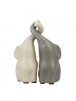 Enfeite Cerâmica Elefantes Cinza Claro Escuro Trombas Entrelaçadas 11cm